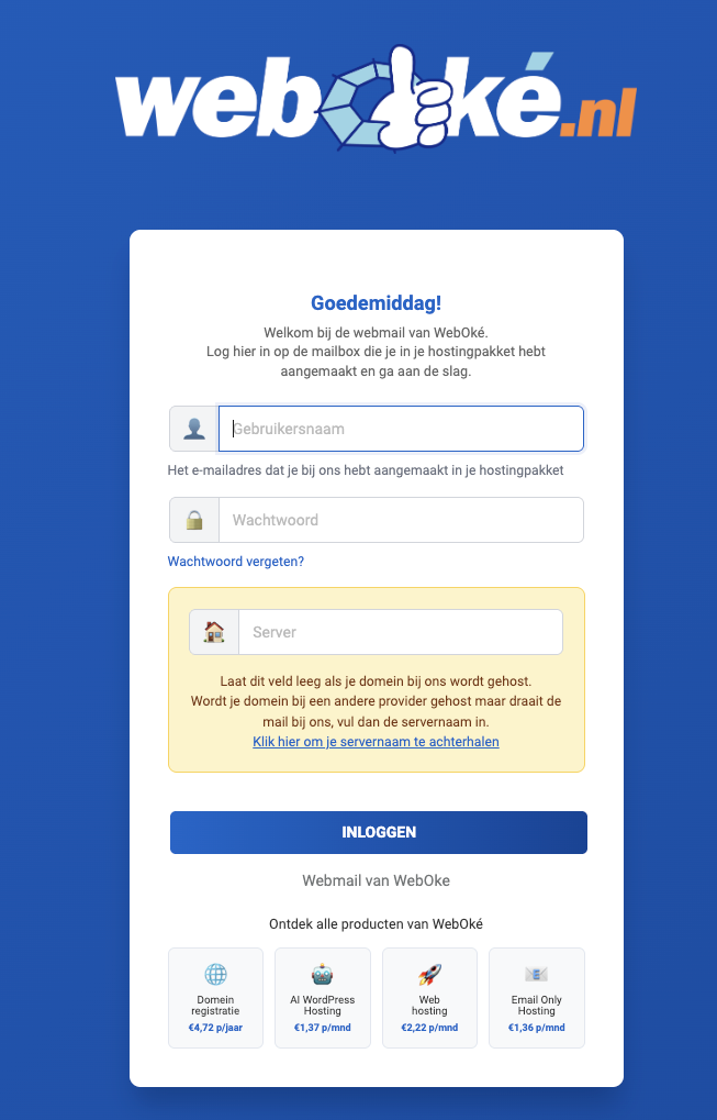 WebOké webmail, loginskærm